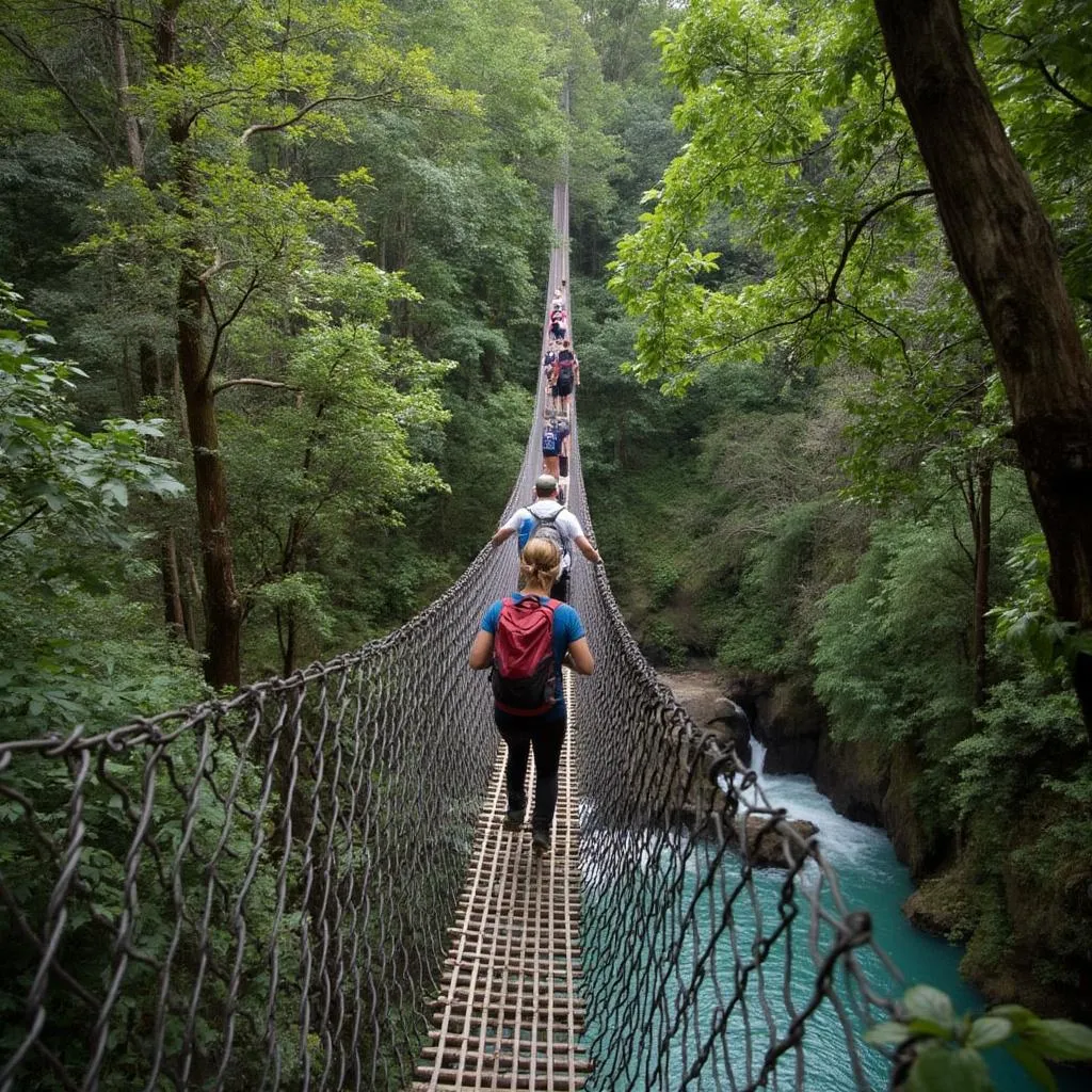 Cruzando un puente colgante en la selva